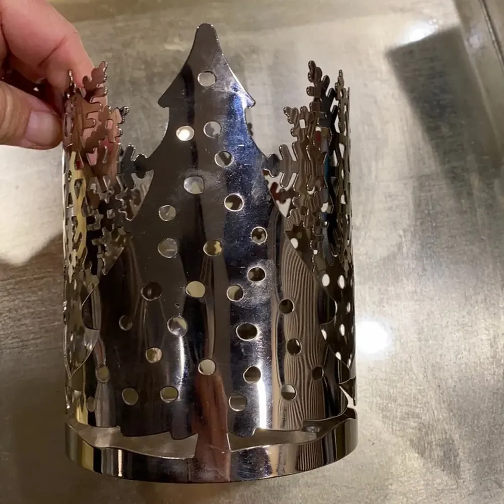Slatkin Silver Metal Christmas Tree/Snowflake Pillar Candle Holder 5-1/2”x4-1/4”